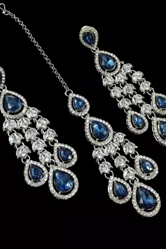 Blue color necklace set with earrings & maang tikka | agate stone | rhodium plated