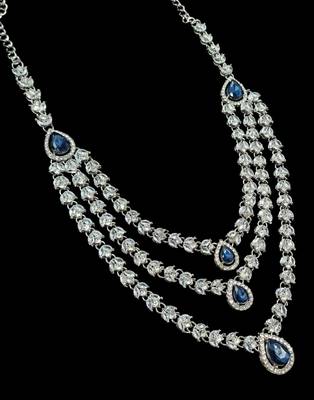 Blue color necklace set with earrings & maang tikka | agate stone | rhodium plated 4