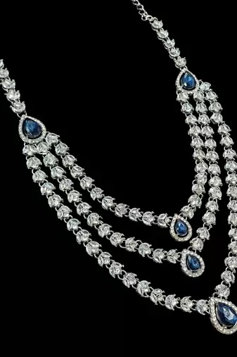 Blue color necklace set with earrings & maang tikka | agate stone | rhodium plated