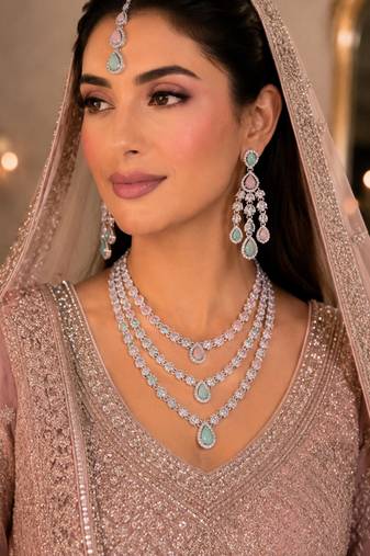 Pink & pista color necklace set with earrings & maang tikka | agate stone | rhodium plated