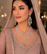Pink & pista color necklace set with earrings & maang tikka | agate stone | rhodium plated