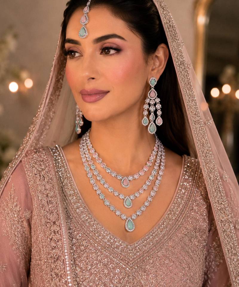 Pink & pista color necklace set with earrings & maang tikka | agate stone | rhodium plated