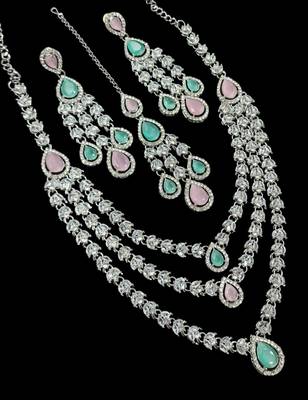 Pink & pista color necklace set with earrings & maang tikka | agate stone | rhodium plated 2
