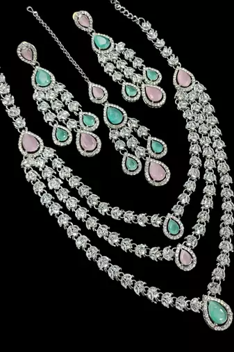 Pink & pista color necklace set with earrings & maang tikka | agate stone | rhodium plated