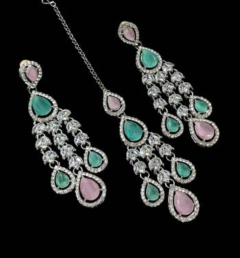 Pink & pista color necklace set with earrings & maang tikka | agate stone | rhodium plated 3