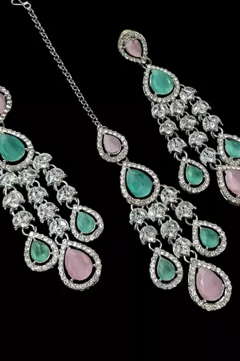 Pink & pista color necklace set with earrings & maang tikka | agate stone | rhodium plated