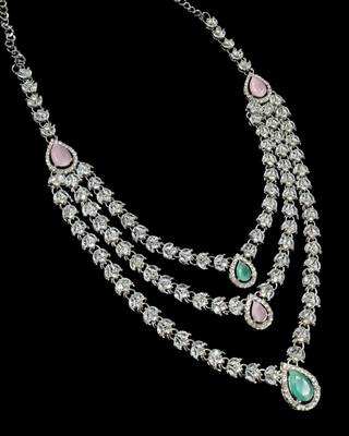 Pink & pista color necklace set with earrings & maang tikka | agate stone | rhodium plated 4