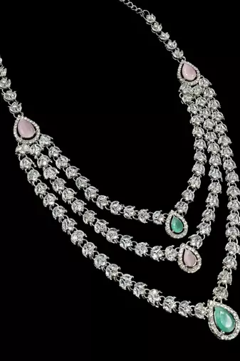 Pink & pista color necklace set with earrings & maang tikka | agate stone | rhodium plated
