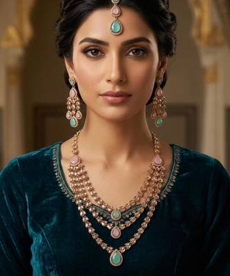 Pink & pista color necklace set with earrings and maang tikka     agate stone, antique gold plating 1