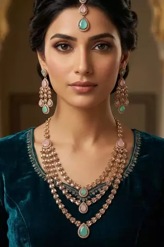 Pink & pista color necklace set with earrings and maang tikka – agate stone, antique gold plating