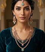 Pink & pista color necklace set with earrings and maang tikka – agate stone, antique gold plating