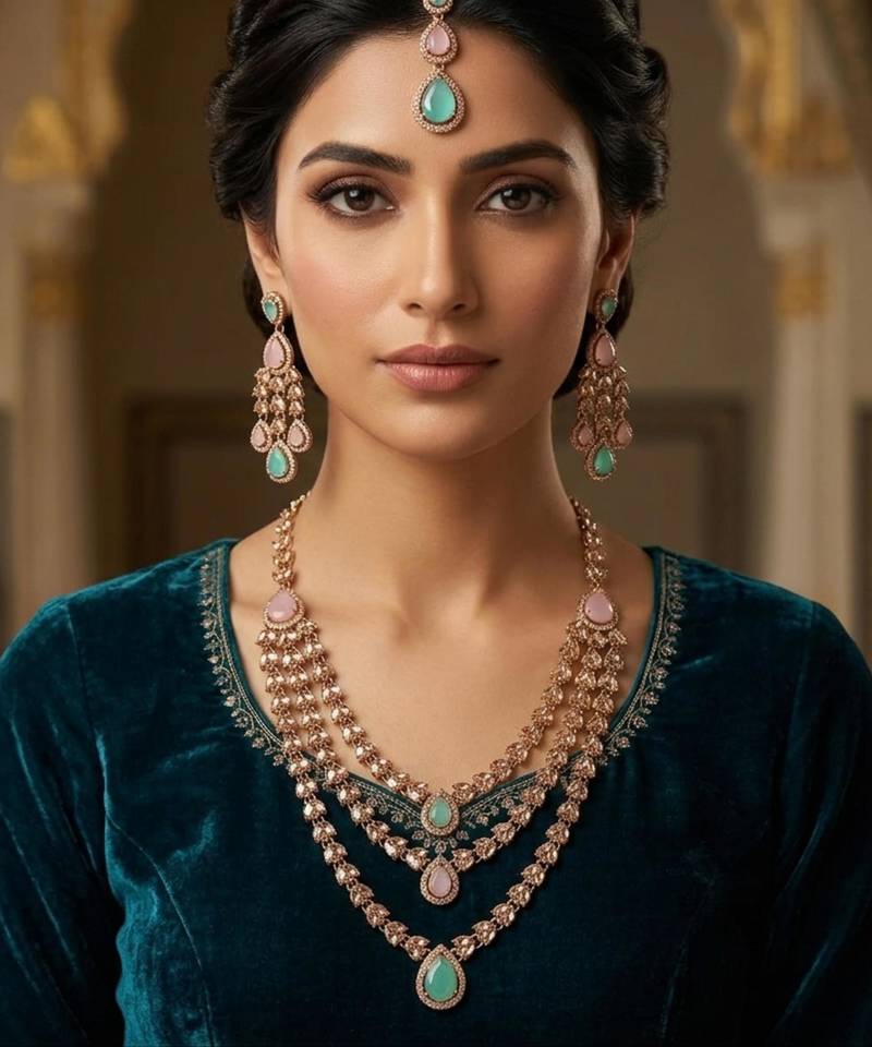 Pink & pista color necklace set with earrings and maang tikka – agate stone, antique gold plating