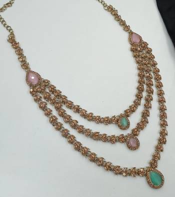 Pink & pista color necklace set with earrings and maang tikka     agate stone, antique gold plating 3