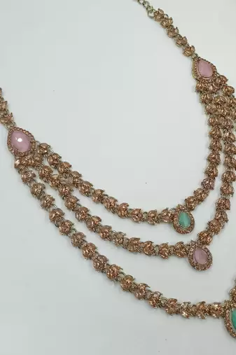 Pink & pista color necklace set with earrings and maang tikka – agate stone, antique gold plating
