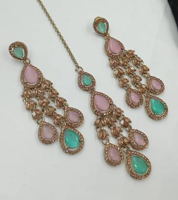 Pink & pista color necklace set with earrings and maang tikka     agate stone, antique gold plating 4