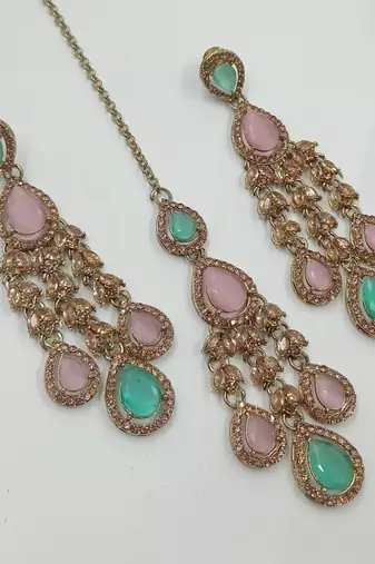 Pink & pista color necklace set with earrings and maang tikka – agate stone, antique gold plating