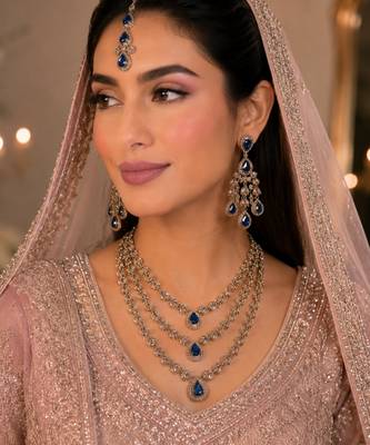 Blue color necklace set with earrings and maang tikka     agate stone, antique gold plating 1