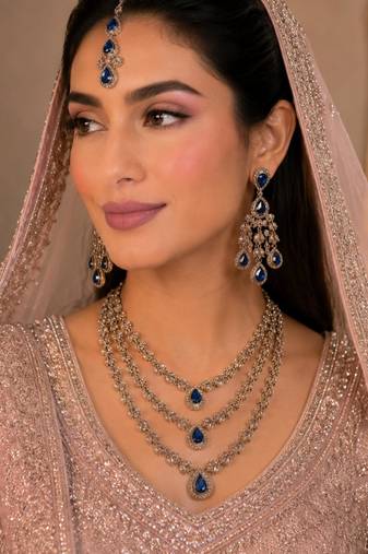 Blue color necklace set with earrings and maang tikka – agate stone, antique gold plating