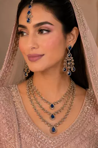 Blue color necklace set with earrings and maang tikka     agate stone, antique gold plating