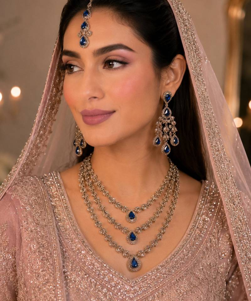 Blue color necklace set with earrings and maang tikka – agate stone, antique gold plating