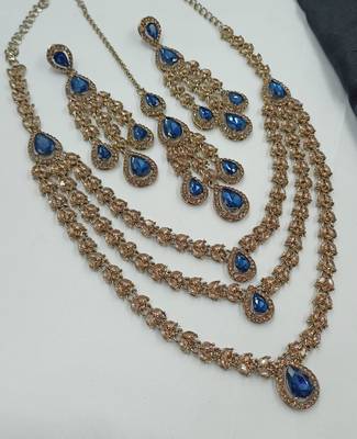 Blue color necklace set with earrings and maang tikka     agate stone, antique gold plating 2