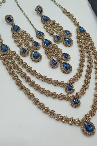 Blue color necklace set with earrings and maang tikka     agate stone, antique gold plating