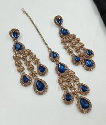 Blue color necklace set with earrings and maang tikka     agate stone, antique gold plating 3