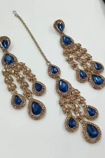 Blue color necklace set with earrings and maang tikka     agate stone, antique gold plating