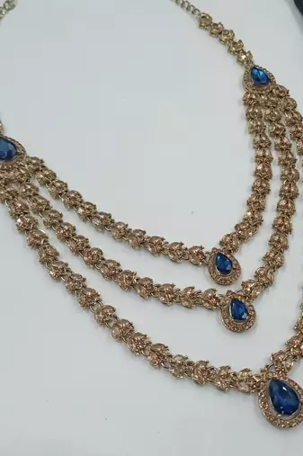 Blue color necklace set with earrings and maang tikka     agate stone, antique gold plating