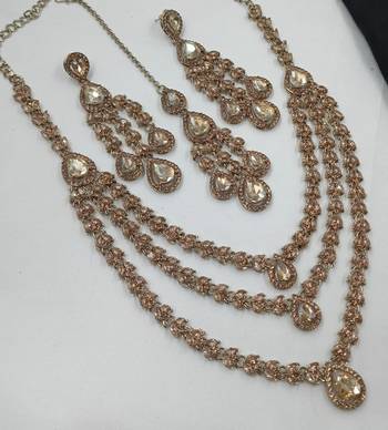 Champagne color necklace set with earrings and maang tikka     agate stone, antique gold plating 2