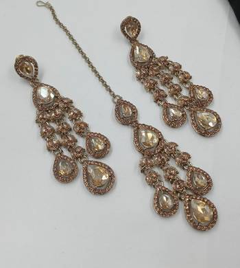 Champagne color necklace set with earrings and maang tikka     agate stone, antique gold plating 4