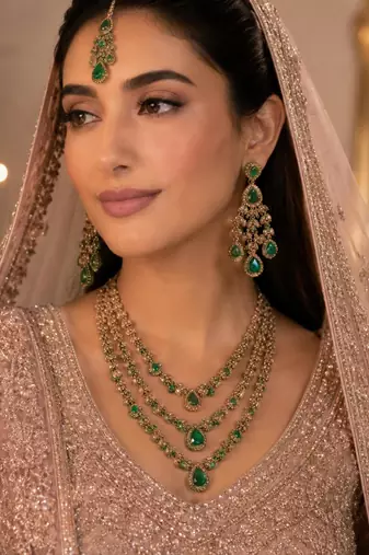 Green color necklace set with earrings and maang tikka – agate stone, antique gold plating