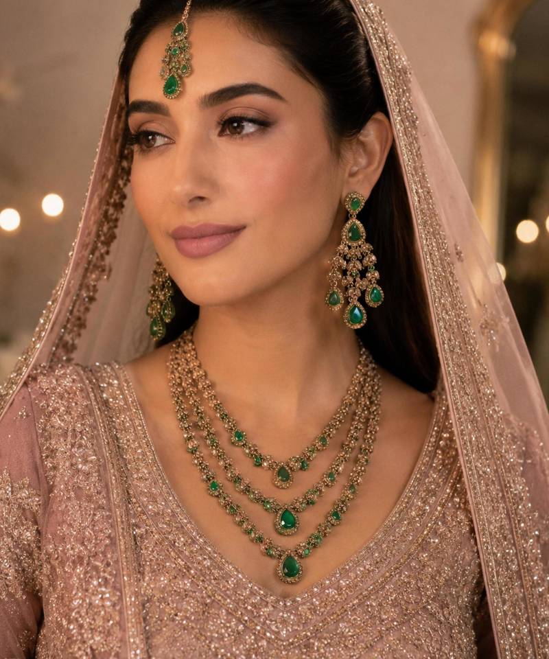 Green color necklace set with earrings and maang tikka – agate stone, antique gold plating