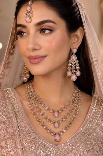Baby pink color necklace set with earrings and maang tikka – agate stone, antique gold plating