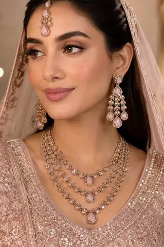 Baby pink color necklace set with earrings and maang tikka     agate stone, antique gold plating