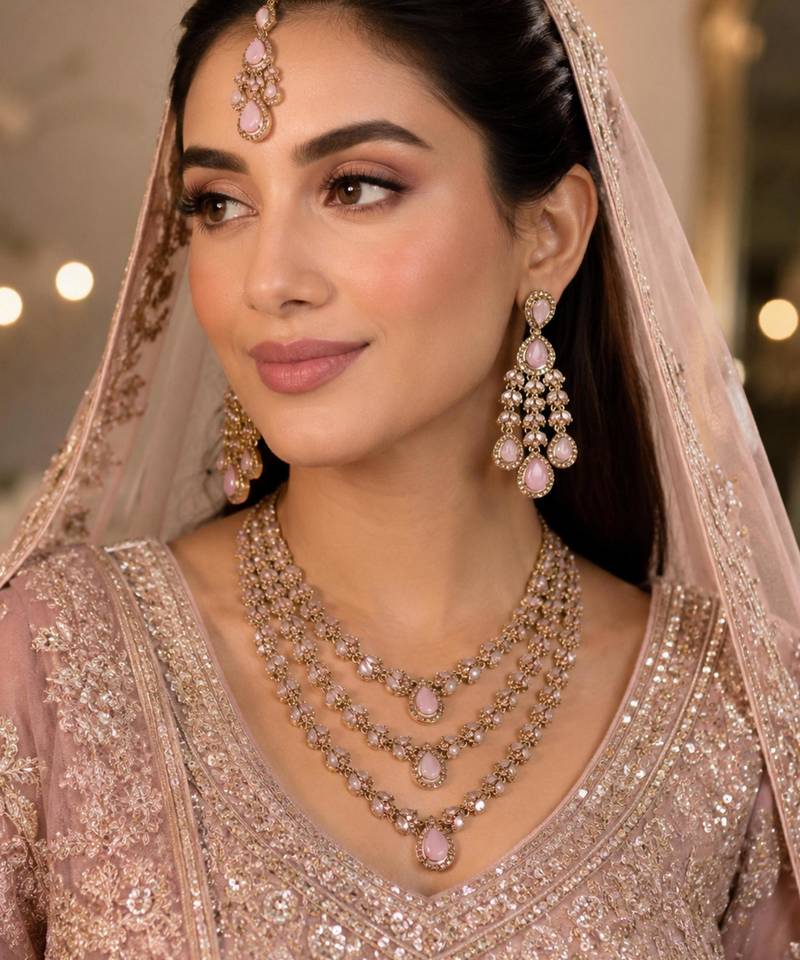 Baby pink color necklace set with earrings and maang tikka – agate stone, antique gold plating