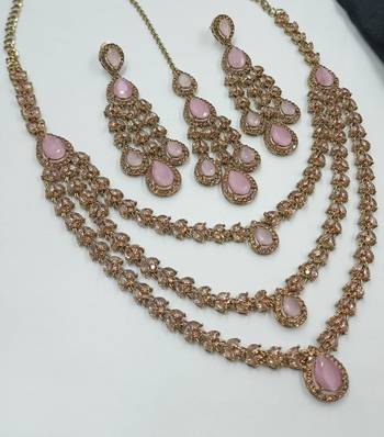 Baby pink color necklace set with earrings and maang tikka     agate stone, antique gold plating 2