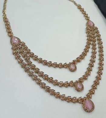 Baby pink color necklace set with earrings and maang tikka     agate stone, antique gold plating 4