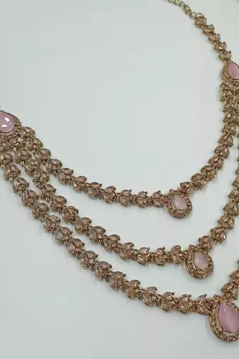 Baby pink color necklace set with earrings and maang tikka     agate stone, antique gold plating