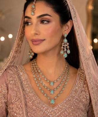 Pista color necklace set with earrings and maang tikka     agate stone, antique gold plating 1