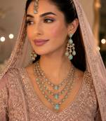 Pista color necklace set with earrings and maang tikka – agate stone, antique gold plating