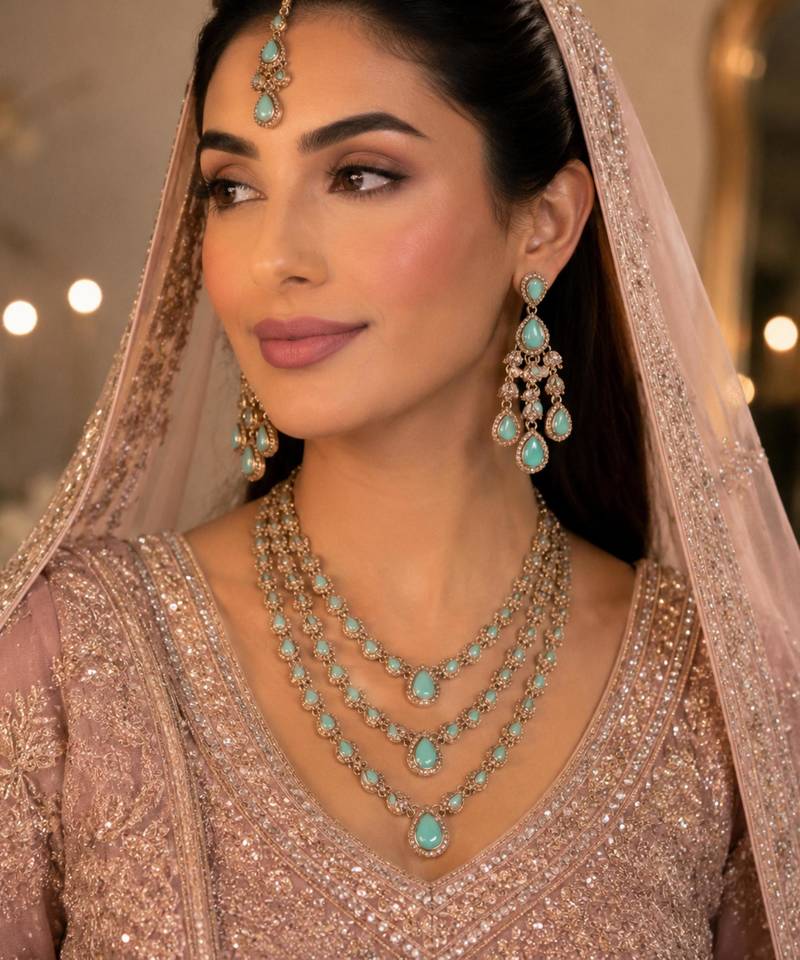 Pista color necklace set with earrings and maang tikka – agate stone, antique gold plating