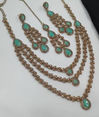 Pista color necklace set with earrings and maang tikka     agate stone, antique gold plating 2