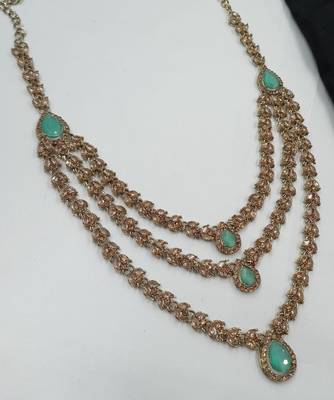 Pista color necklace set with earrings and maang tikka     agate stone, antique gold plating 4
