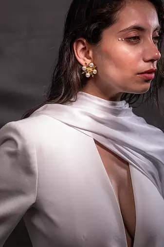 gold brass necklace set with pearl crescent design