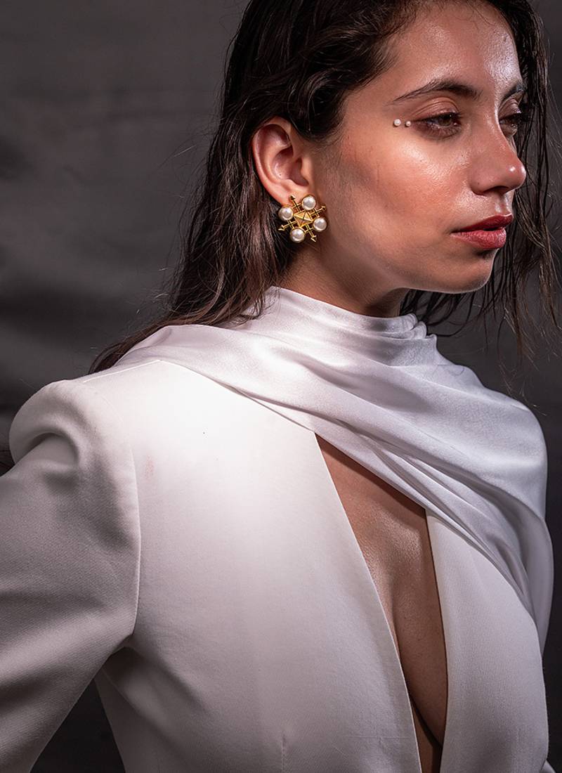 golden brass necklace set with pearl crescent work