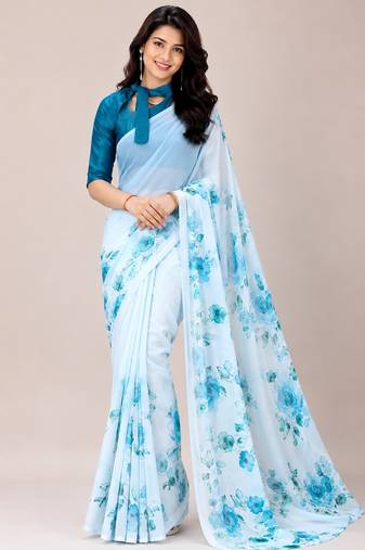 Sky color all over floral printed georgette saree with separate unstitched blouse