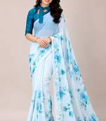 Sky color all over floral printed georgette saree with separate unstitched blouse