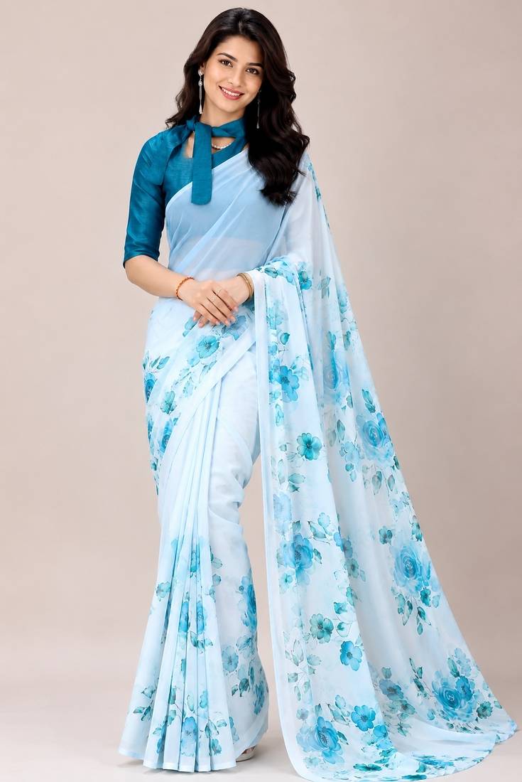 Sky color all over floral printed georgette saree with separate unstitched blouse