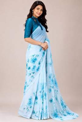 Sky color all over floral printed georgette saree with separate unstitched blouse 2